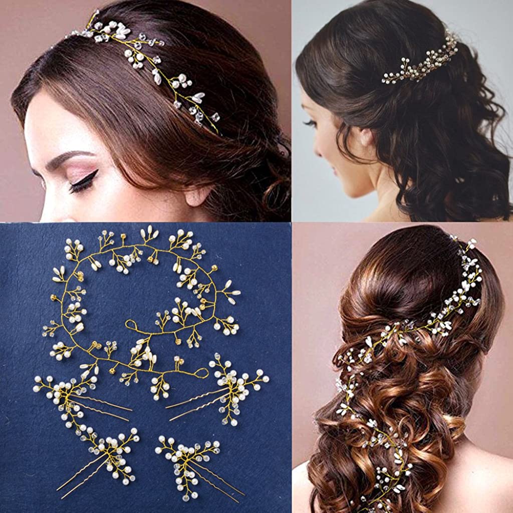 SANNIDHI Bride Hair Pins Floral Hair Vine 5Pcs Set, Pearl Crystal Bridal Hair Accessories For Women Bridesmaids Wedding Anniversary Hair Piece (Gold) SANNIDHI Bride Hair Pins Floral Hair Vine 5Pcs Set, Pearl Crystal Bridal Hair Accessories For Women Bridesmaids Wedding Anniversary Hair Piece (Gold)